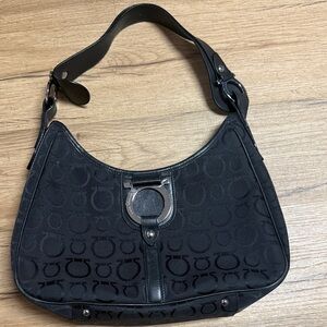 Salvatore Ferragmo Garini Hobo Bag, Black Canvas whit Signature Logo.